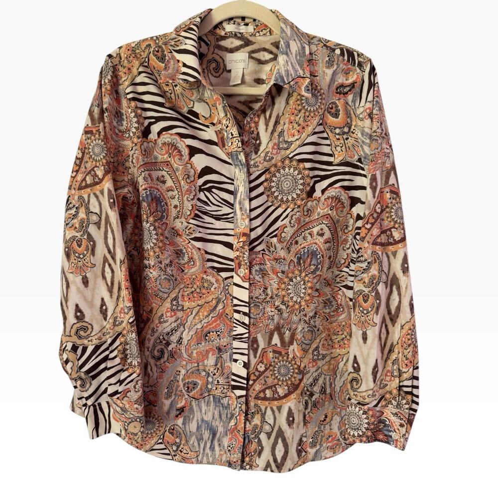 Chicos Mixed Print Button Front Cotton Top Brown Orange Size Large (2)